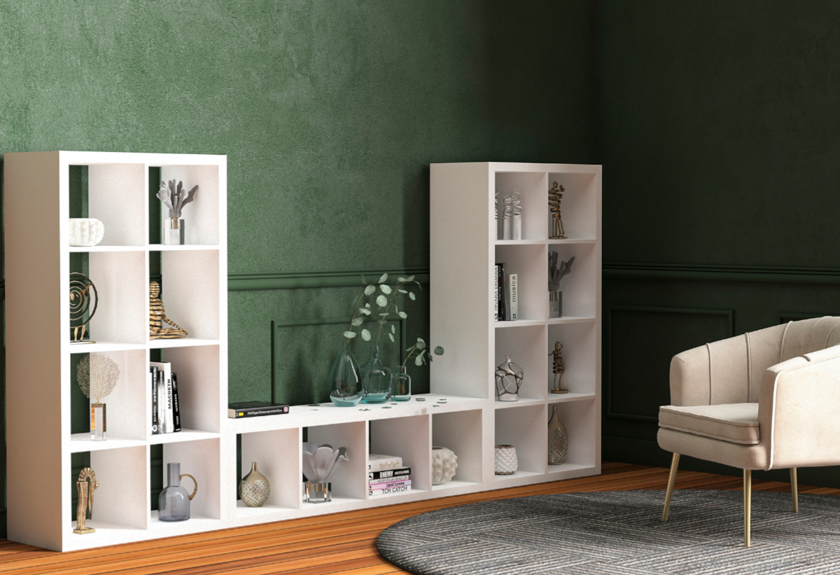 Απεικονίζεται η βιβλιοθήκη σε ένα καθιστικό.